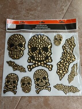 Gold Skull & Bat Goth Glam Halloween Window, Wall, Mirror Stickers